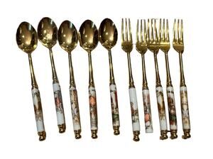 VTG Asahi Beatrix Potter Peter Rabbit Gold Spoons Forks 10 Pieces Warne Shoten